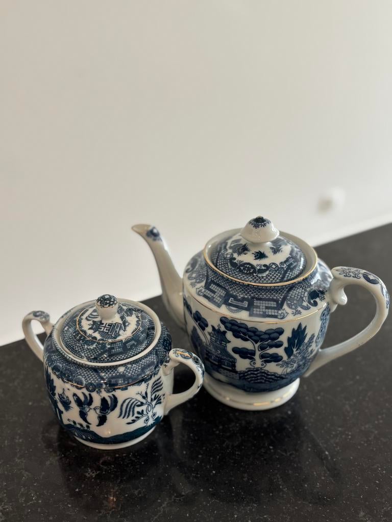 Theeset – theepot en suikerpot (blauw/wit), Antiek en Kunst, Ophalen