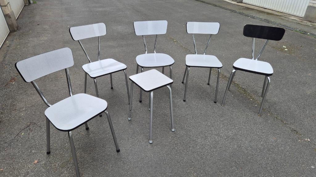 Set vintage Formica keukenstoelen, Huis en Inrichting, Gebruikt, Vintage sixties, Grijs, Vijf, Zes of meer stoelen