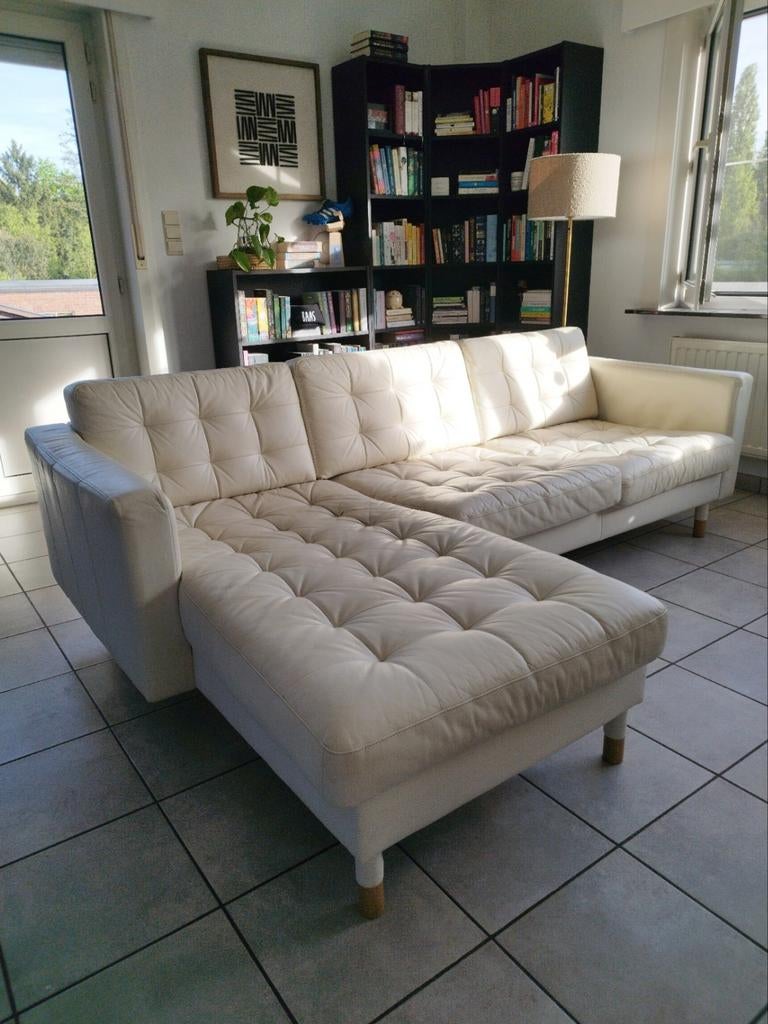 Landskrona witte leren driezit met chaise longue, Huis en Inrichting, Ophalen, Gebruikt, Driepersoons, Leer