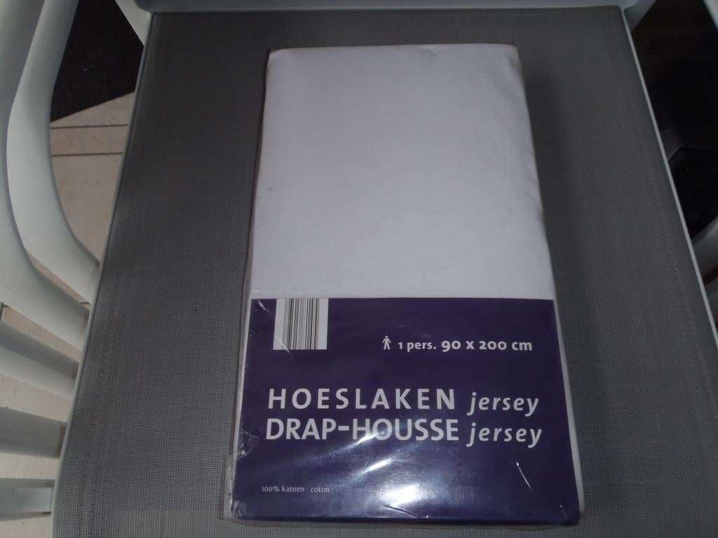 1 wit hoeslaken van Jersey - 1 persoon, Huis en Inrichting, Slaapkamer | Beddengoed, Eenpersoons, Nieuw, Ophalen of Verzenden