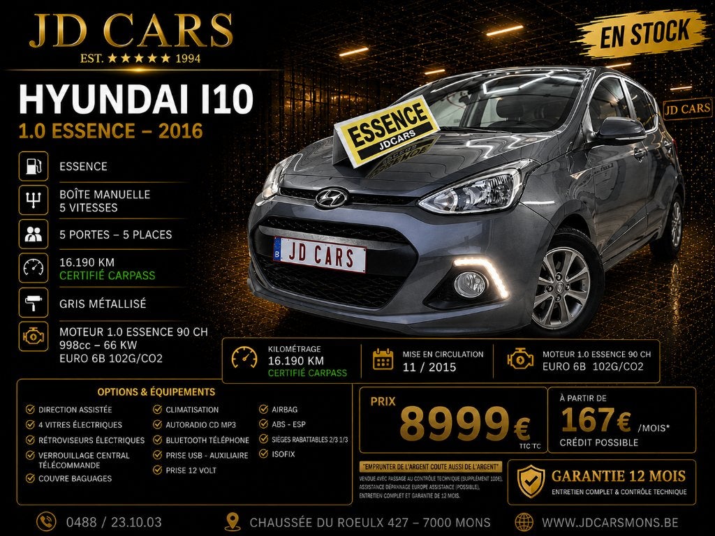 HYUNDAI I10 1.0 ESSENCE 16MKM ‼️GARANTIE 1 AN CTOK‼️, Auto's, Hyundai, Voorwielaandrijving, Stof, Euro 6, Blauw