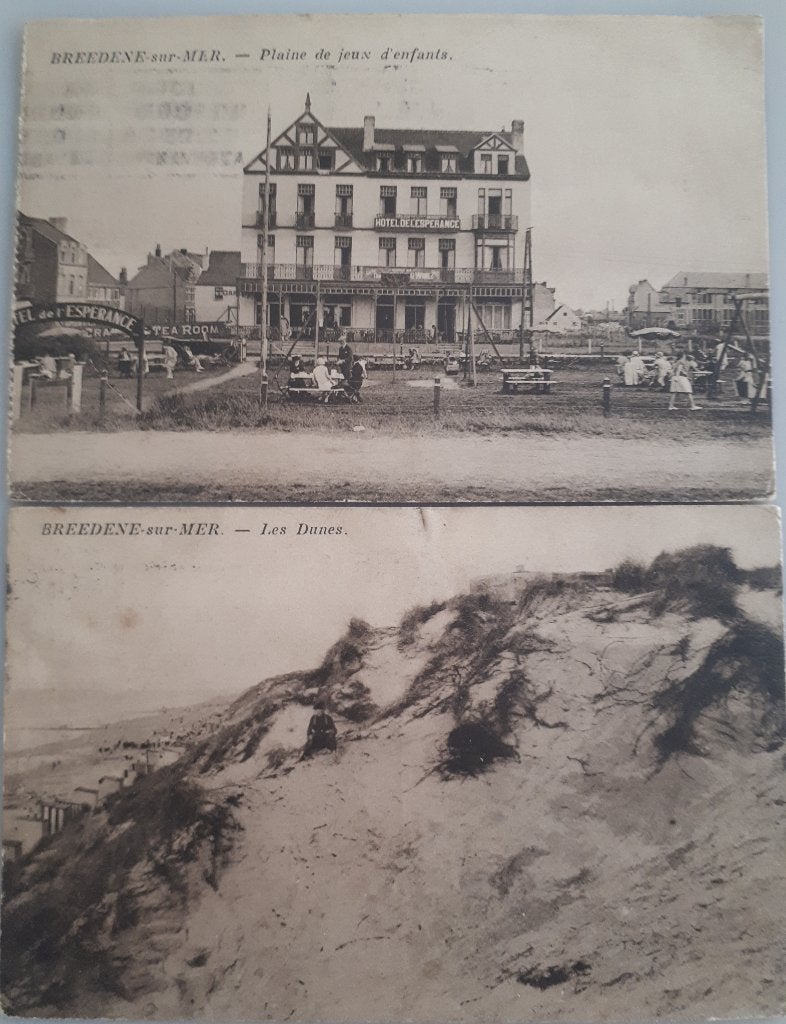 2 OUDE Postkaarten BREDENE  Espérance & Dune 1928/29 Ref.E37, Ophalen of Verzenden, 1920 tot 1940, Gelopen, West-Vlaanderen