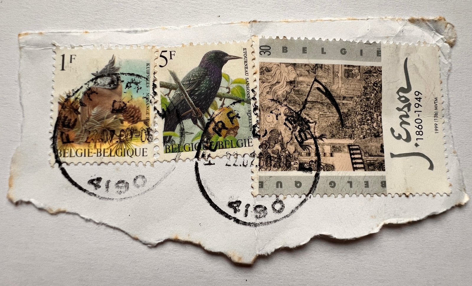 Belgische postzegels set vogels en J. Ensor op knipsel, Enlèvement, Affranchi