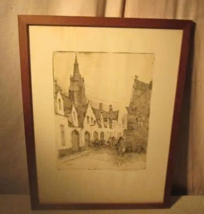Belle gravure ancienne « Dans la ville » - Dousselaere, Antiquités & Art, Enlèvement ou Envoi, Vue urbaine, Gravure, Signé