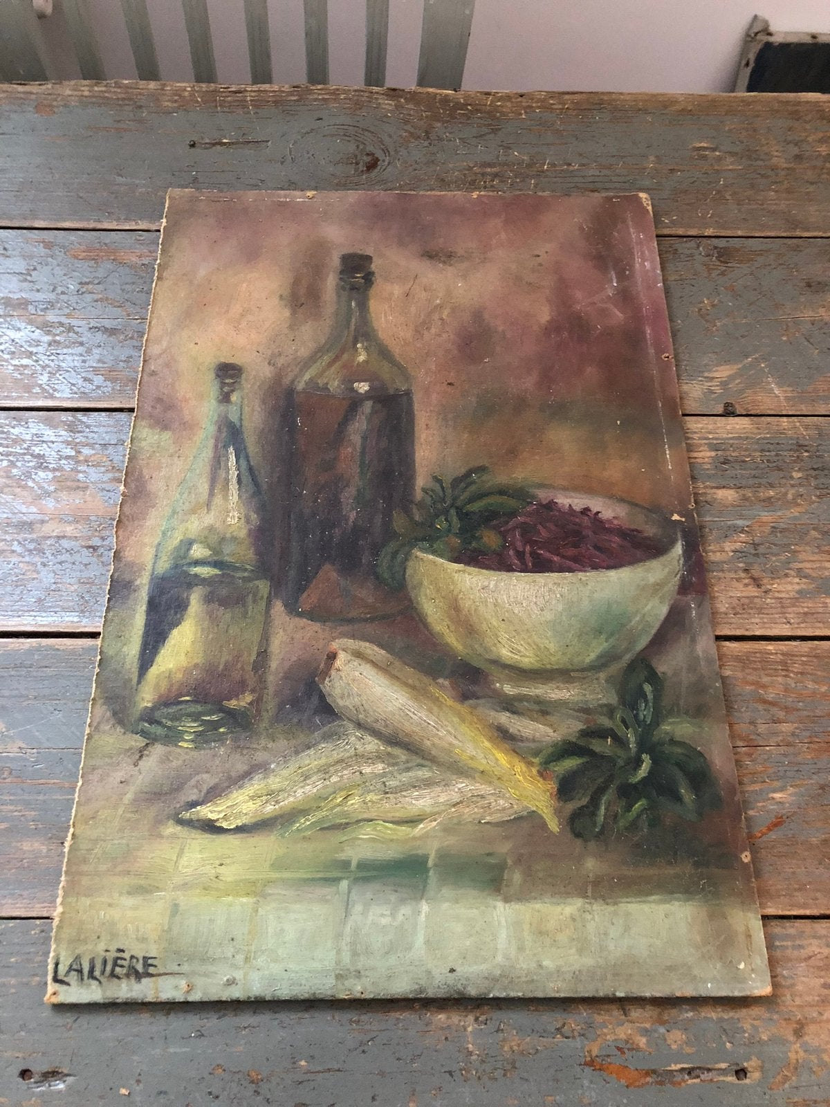 KUNST SCHILDERIJ OKIE OP HOUT STILLEVEN FRANS, Ophalen of Verzenden, Stilleven