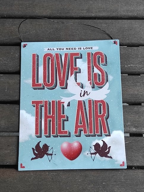 Metalen ophang bord sign love is in the air cupido, Ophalen, Metaal, Gebruikt, Vintage
