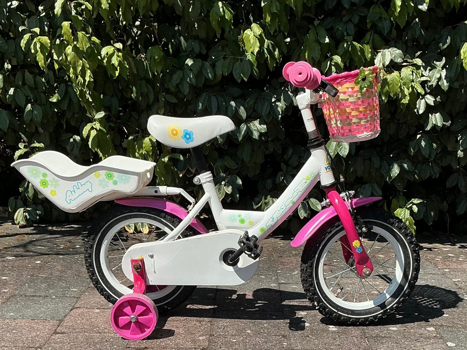 Kinderfiets volare wit roze, Ophalen, Terugtraprem, Zijwieltjes, Gebruikt