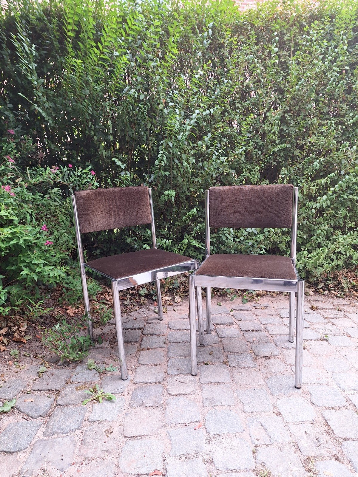 2 vintage chrome stoelen, Maison & Meubles, Chaises, Deux, Métal, Tissus, Brun, Enlèvement