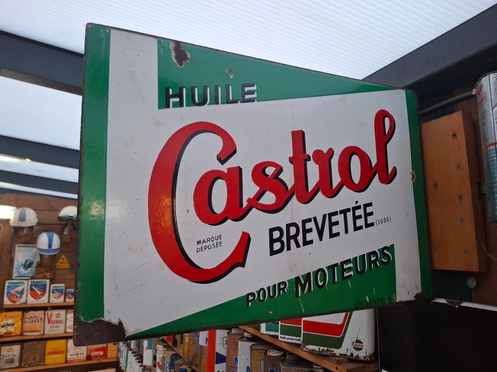 Origineel dubbelzijdig emaille reclamebord CASTROL, Enlèvement ou Envoi, Utilisé, Panneau publicitaire
