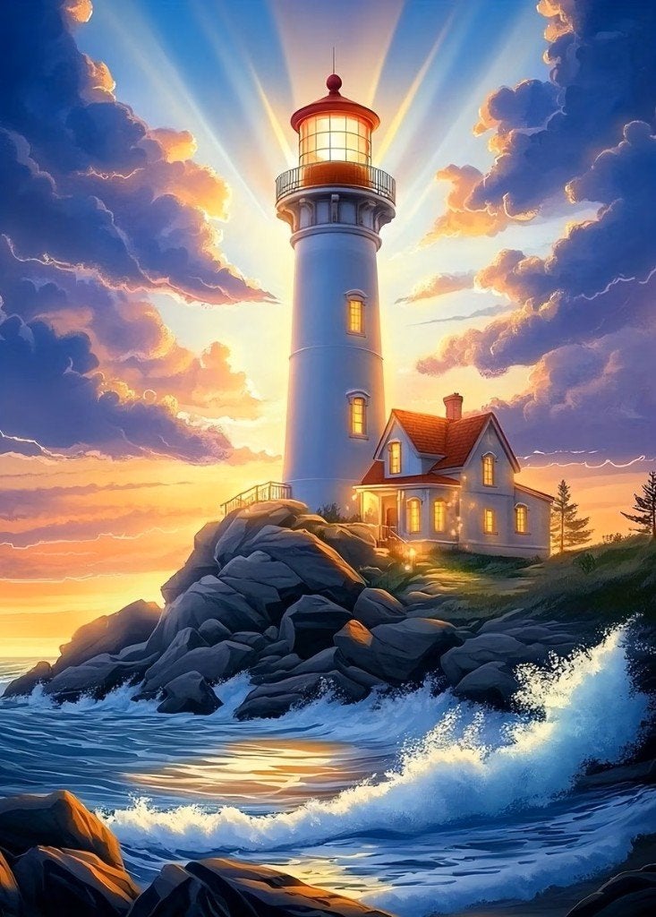 Peinture au diamant 50x40cm, phare, lumière du soleil n 89, Neuf, Zee en Strand, Multicolore, Diamond painting