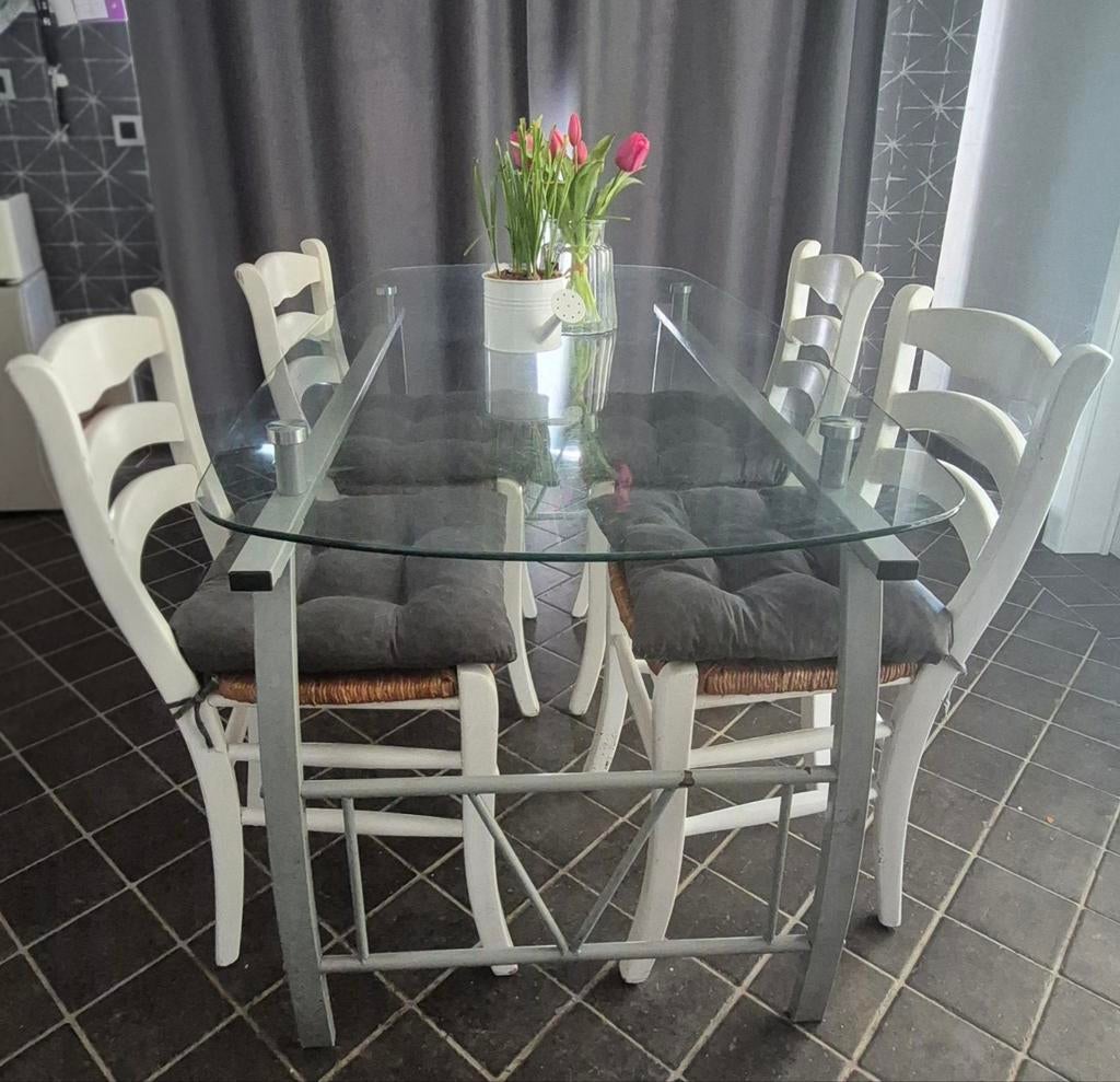 Glazen eettafel met 4 stoelen, Huis en Inrichting, Ophalen, Gebruikt, 50 tot 100 cm, 150 tot 200 cm