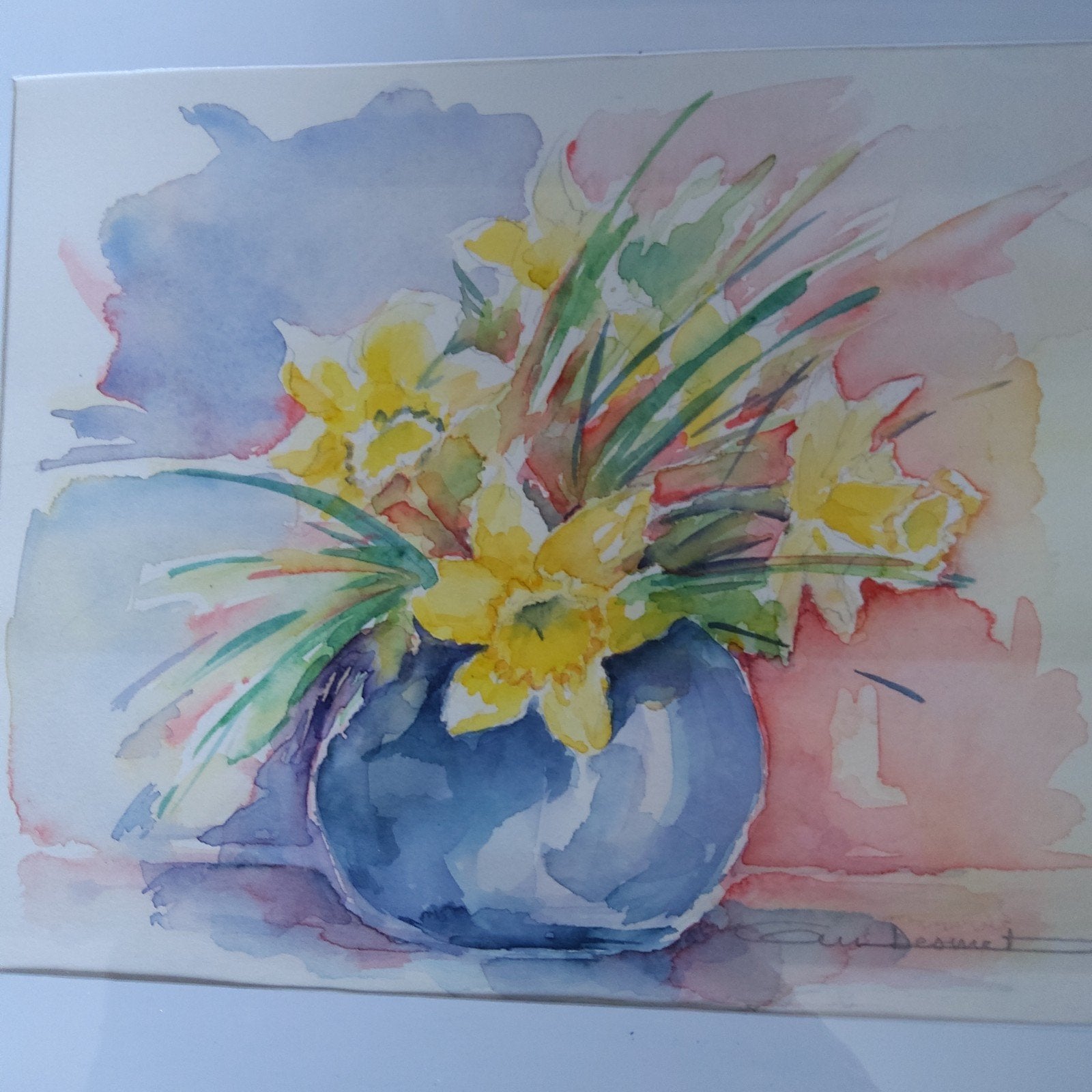 Sfeervol aquarel. Gesigneerd en ingelijst 41 x31 cm., Antiquités & Art, Fleurs, Enlèvement, Passe-partout, Aquarelle