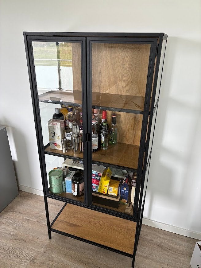 Vitrine de haute qualité aspect bois et métal, Ophalen, 50 tot 100 cm, Zo goed als nieuw, Glas