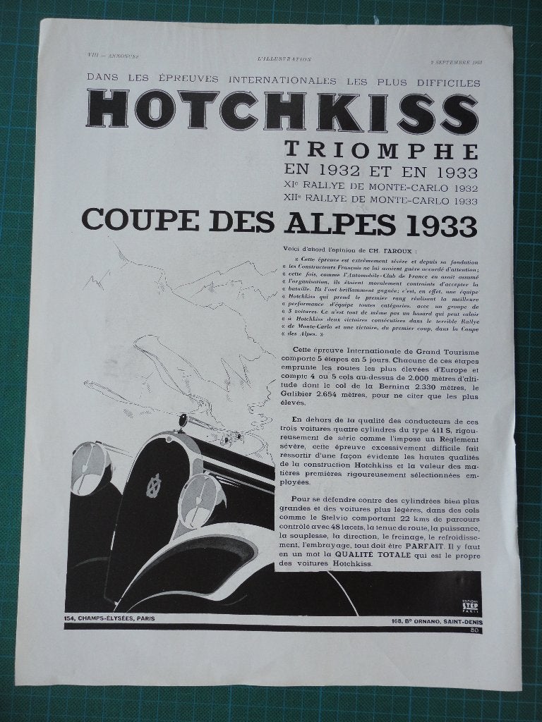 Hotchkiss automobile - publicité papier - 1933, Collections, Enlèvement ou Envoi, Utilisé, Autres types