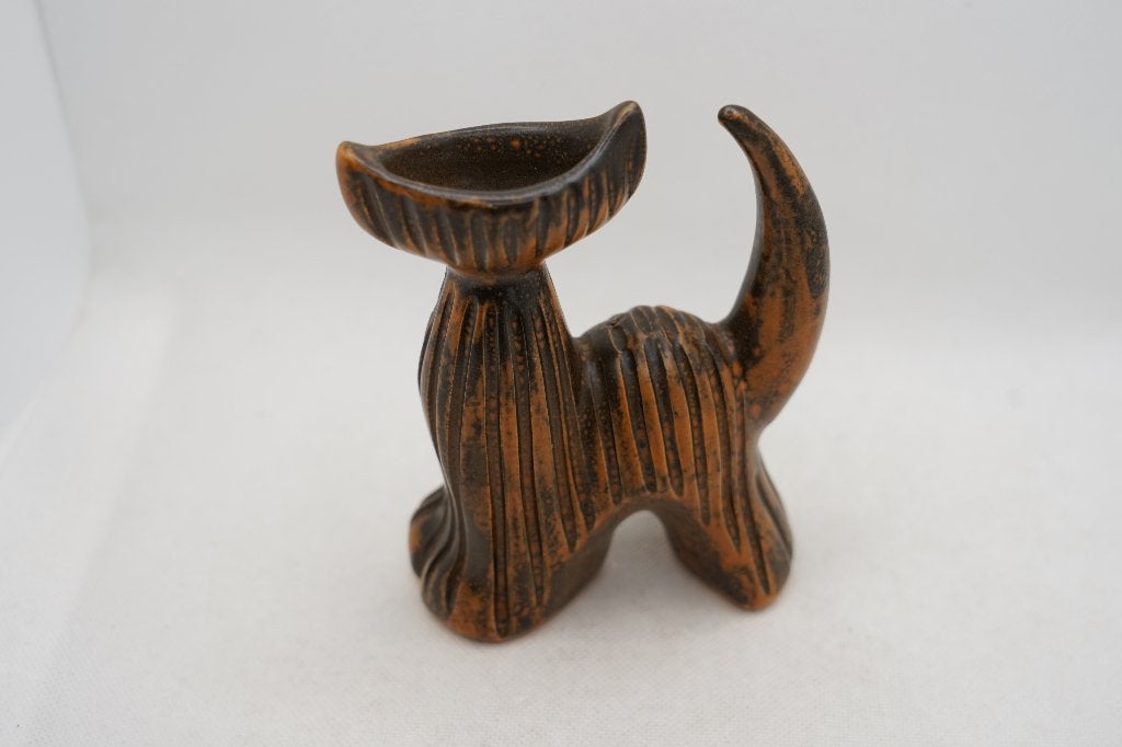 vintage Deens keramiek vaasje kat Johgus Bornholm, Maison & Meubles, 12 cm, Utilisé, Pierre/céramique, Marron