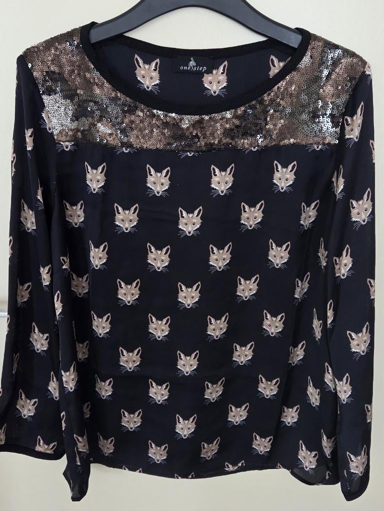 Bloes met vossenprint en Paillettenband bovenaan maat 44, Kleding | Dames, One Step, Zwart, Maat 42/44 (L), Ophalen of Verzenden