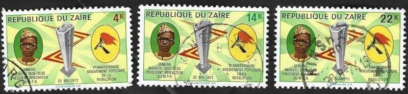 3 Postzegels 5 jaar eenheidspartij MPR Zaïre 1972, Enlèvement ou Envoi, Autres pays, Affranchi