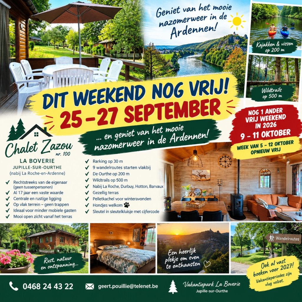 CHALET BIJ LA ROCHE EN ARDENNE.KOMEND WEEKEND NOG VRIJ., 2 slaapkamers, Open haard, Recreatiepark, Aan meer of rivier