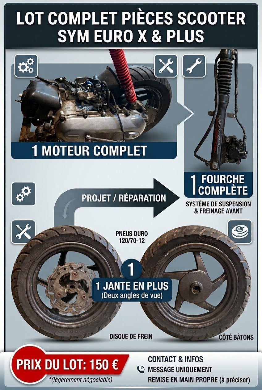 Lot pièces SYM jet Euro X : Moteur complet + Fourche + Jante, Vélos & Vélomoteurs, Autres modèles, 49 cm³, Enlèvement, Utilisé