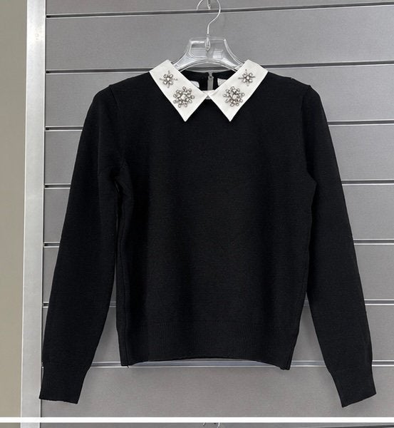 Black Knit Sweater with Embellished White Collar, Overige typen, Verzenden, Zwart, Nieuw
