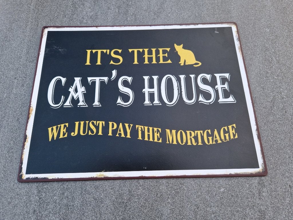 Metalen bord om uit te hangen met katten spreuk, Huis en Inrichting, Tekstbord, 35 cm, Ophalen of Verzenden, Zo goed als nieuw