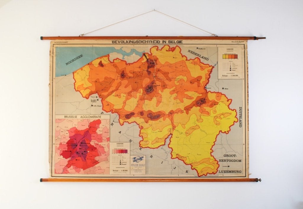 oude schoolkaart België, bevolkingsdichtheid, Antiek en Kunst, Antiek | Schoolplaten, Ophalen of Verzenden, Aardrijkskunde