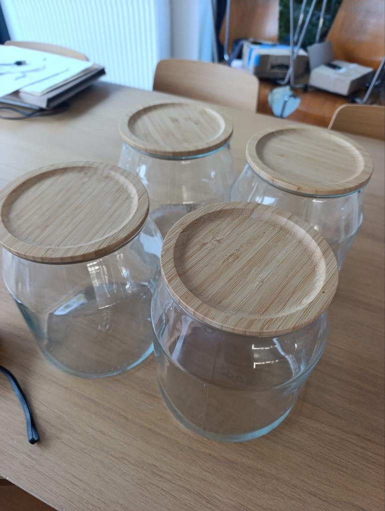 Set van 4 glazen potten met bamboe deksel - 20 cm, Ophalen, Glas