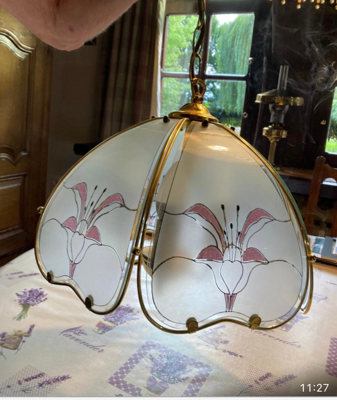 Mooie glazen vintage,retro hanglamp,bloemmotief, Enlèvement, Utilisé