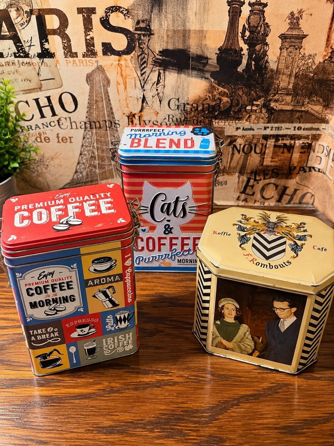 Set van 3 decoratieve koffieblikken, Enlèvement ou Envoi, Utilisé, Métal ou Fer blanc