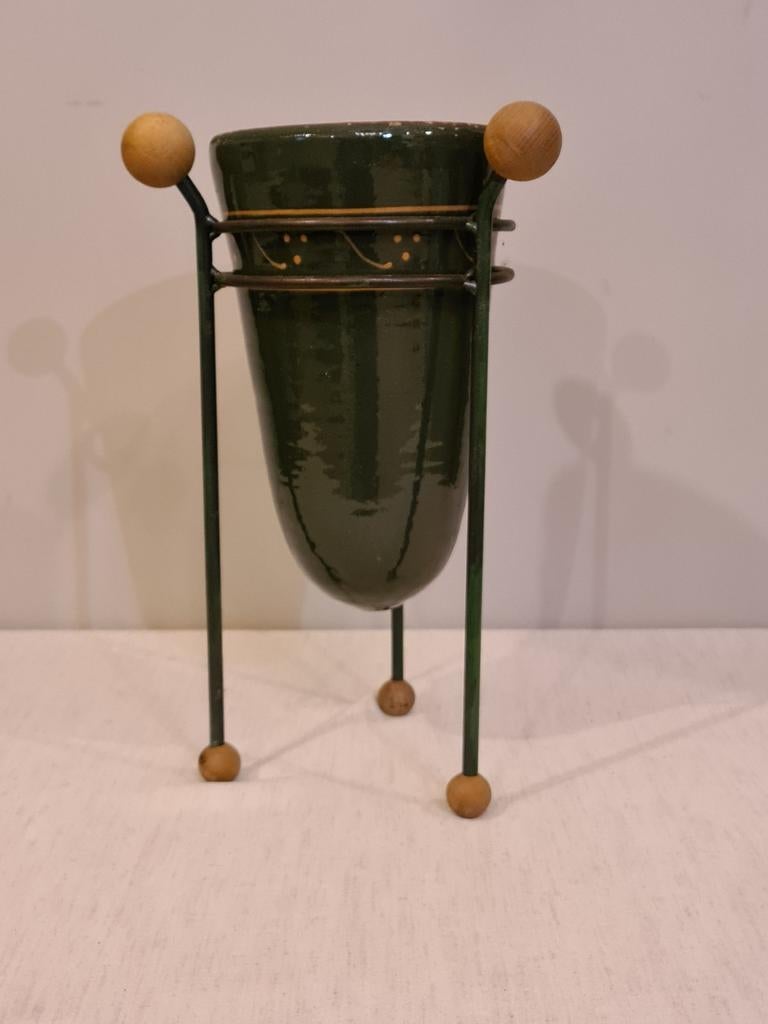 Vintage vaas jaren ´80 in metalen statief te koop in Balen, Enlèvement ou Envoi, Utilisé, Vert