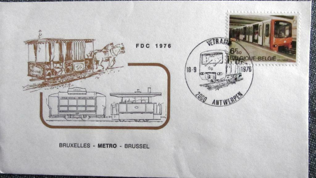 FDC-VERVOERMIDDELEN-TRAM-TREIN-AUTO-KOETS-FIETS- BELGIË, Ophalen of Verzenden, Gestempeld, Treinen