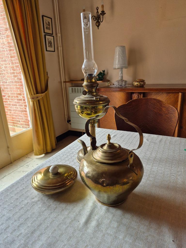 antieke olielamp met ketel en potje, Antiek en Kunst, Antiek | Brons en Koper, Ophalen, Koper