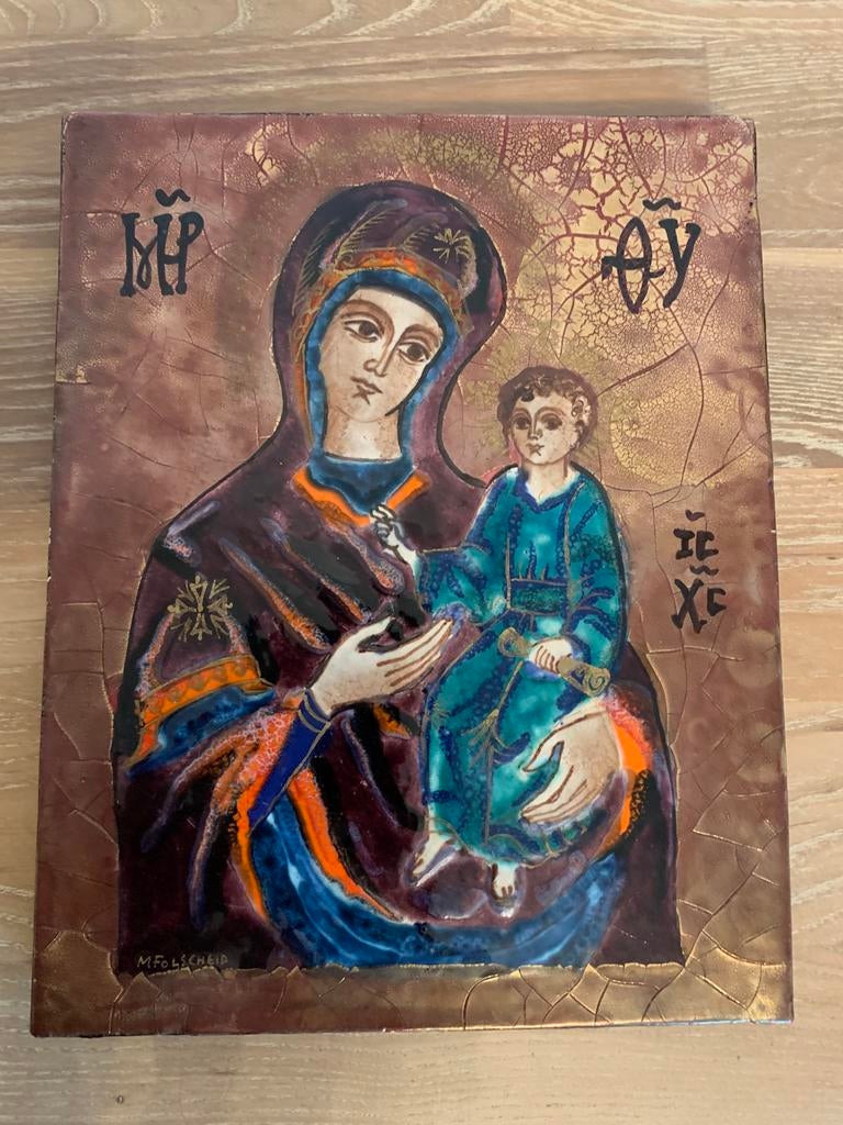 Prachtige icoon "Notre-Dame de Bon Secours" – M. Folscheid, Antiek en Kunst, Antiek | Religieuze voorwerpen, Ophalen of Verzenden