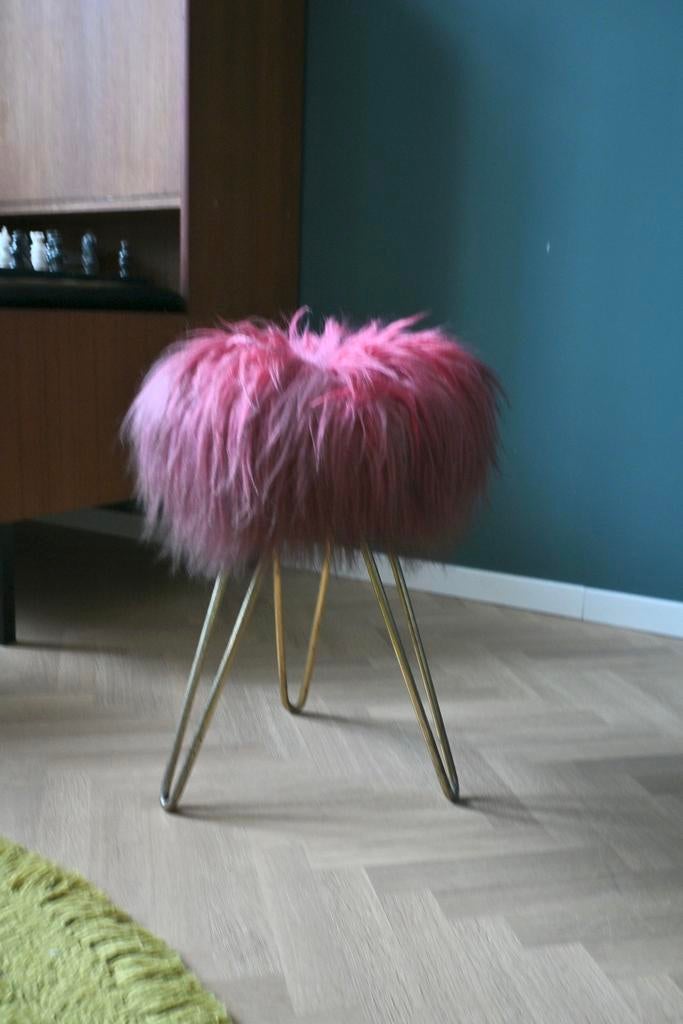 Roze vintage hairpin/Flokati krukje, Huis en Inrichting, Krukjes, Zo goed als nieuw, Ophalen of Verzenden