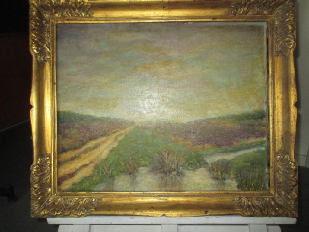 Schilderij "Heidelandschap met weggetje", Antiek en Kunst, Doek, Bijzondere lijst, Ophalen of Verzenden, Landschap