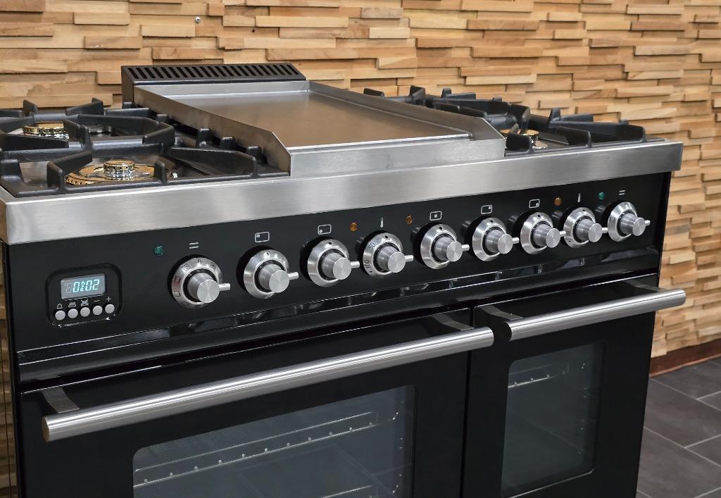 🔥Poêle Boretti de luxe 90 cm noir brillant + 2 fours en ac, Gaz, Classe énergétique A ou plus économe, Enlèvement ou Envoi, 85 à 90 cm