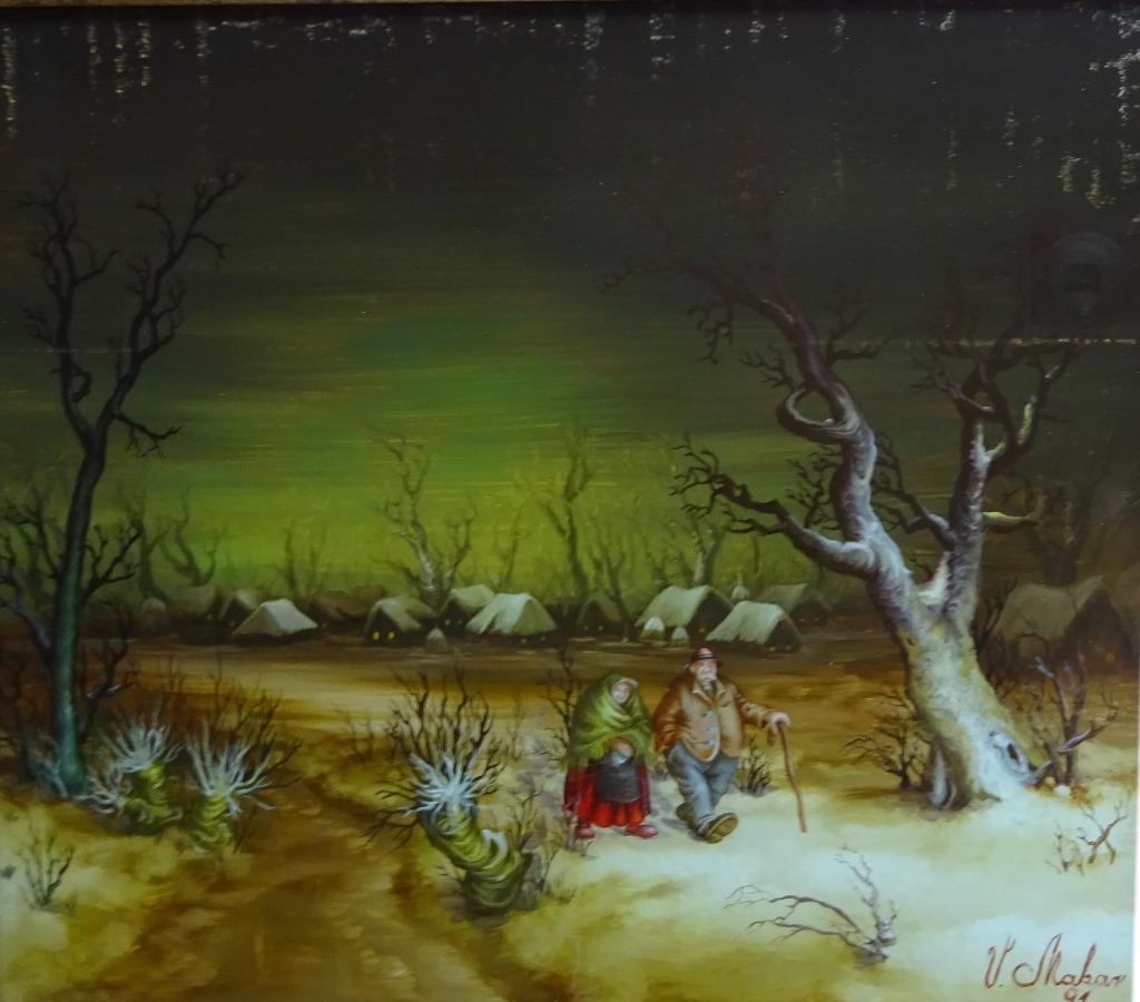 Vlado Makar, 34 x 30 cm , Op wandel in de sneeuw, églomisé, Antiek en Kunst, Ophalen