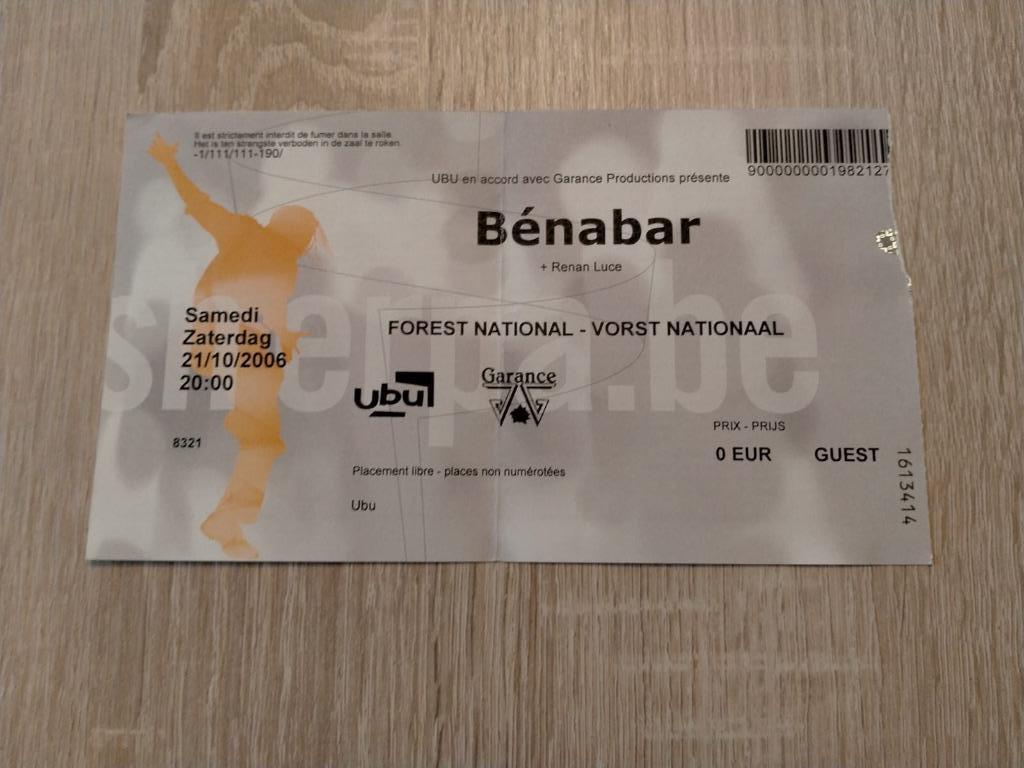 Ticket concert Bénabar Forest National 21 octobre 2006, Collections, Musique, Artistes & Célébrités, Utilisé, Autres types, Enlèvement