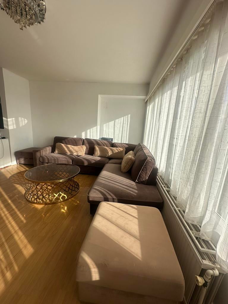 Canapé L taupe + 2 poufs, Maison & Meubles, Enlèvement, Comme neuf, Tissus