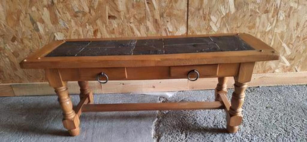 Salontafel van eikenhout en blauwe steen, Ophalen, Gebruikt, 100 tot 150 cm, 50 tot 100 cm