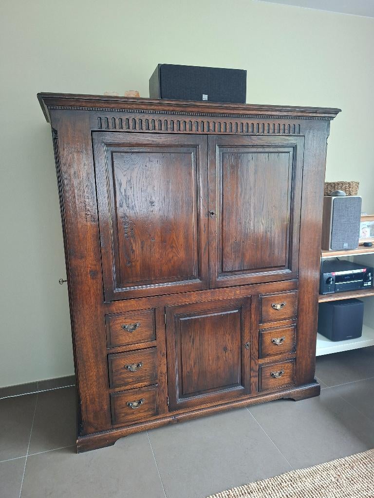 Massief houten tv-kast met ingebouwde drankkast, Ophalen, Gebruikt, 100 tot 150 cm, Vintage / antiek