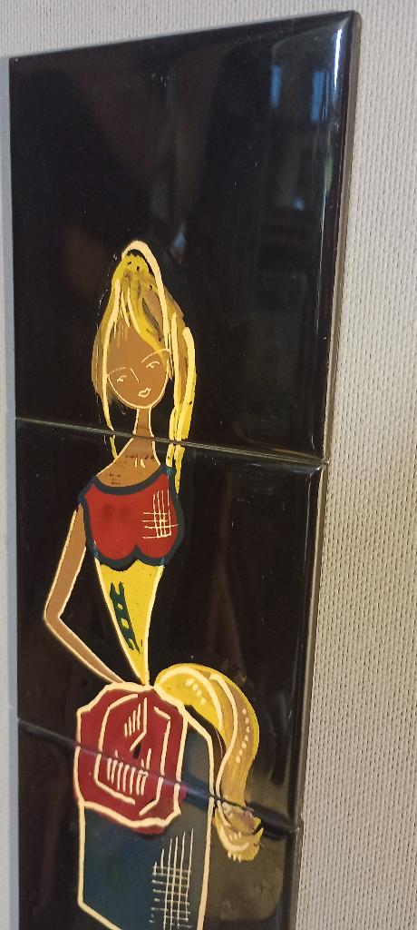 Peinture sur carrelage signée, 22x55, n323, Antiquités & Art, Enlèvement ou Envoi