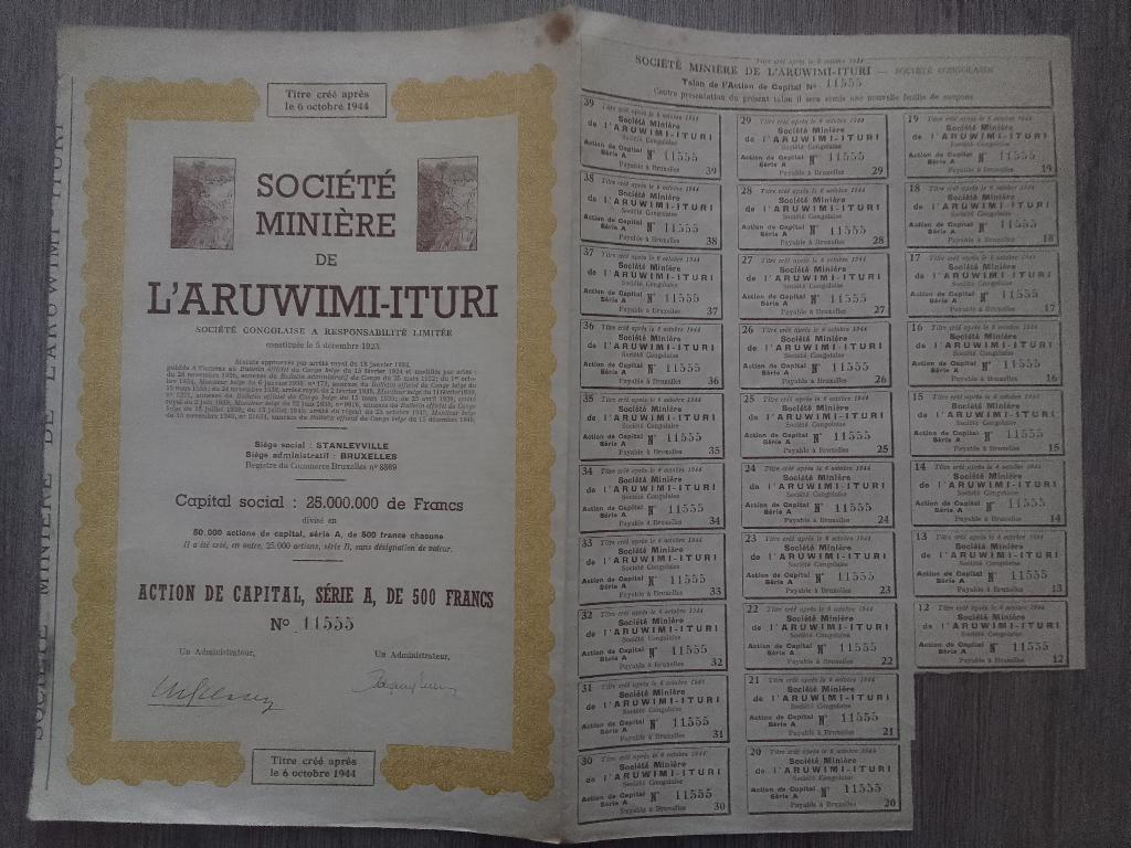 Titre Action Société Minière de L'ARUWIMI-ITURI Congo 1944, Timbres & Monnaies, Enlèvement ou Envoi, 1920 à 1950, Action