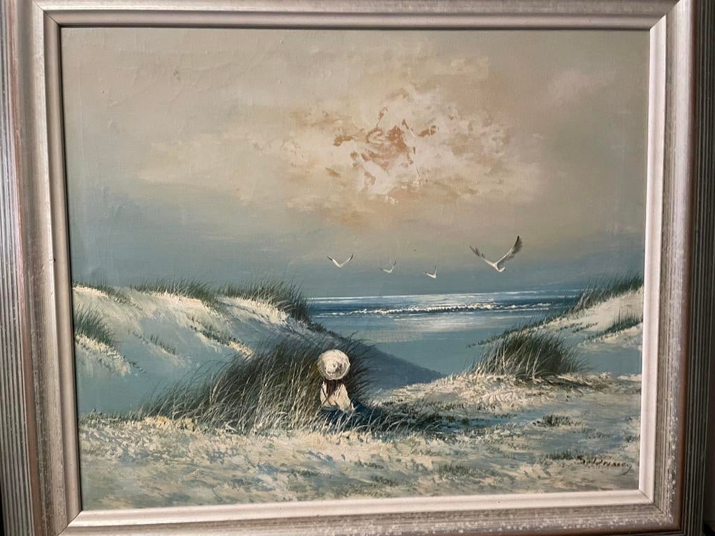 Mooi schilderij met duinlandschap en zeezicht.(S.Drissey), Ophalen