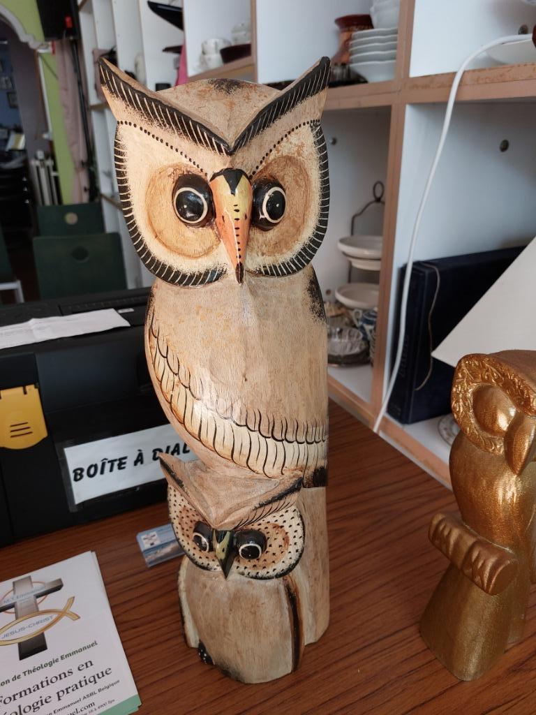 Houten sculptuur van een dubbele uil, Antiek en Kunst, Ophalen of Verzenden