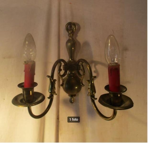 Mooi oude Koperen Wandlamp met 2 lichtpunten, Antiek en Kunst, Ophalen of Verzenden
