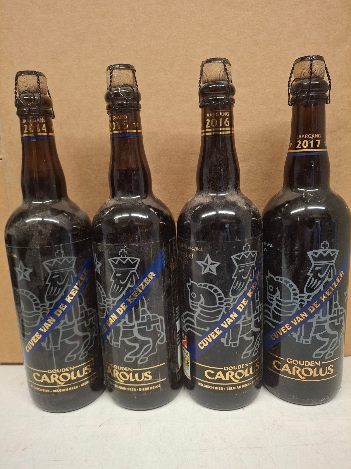Gouden Carolus Cuvée van de Keizer 4 flessen 2014 t/m 2017, Verzamelen, Ophalen of Verzenden, Nieuw, Flesje(s), Overige merken
