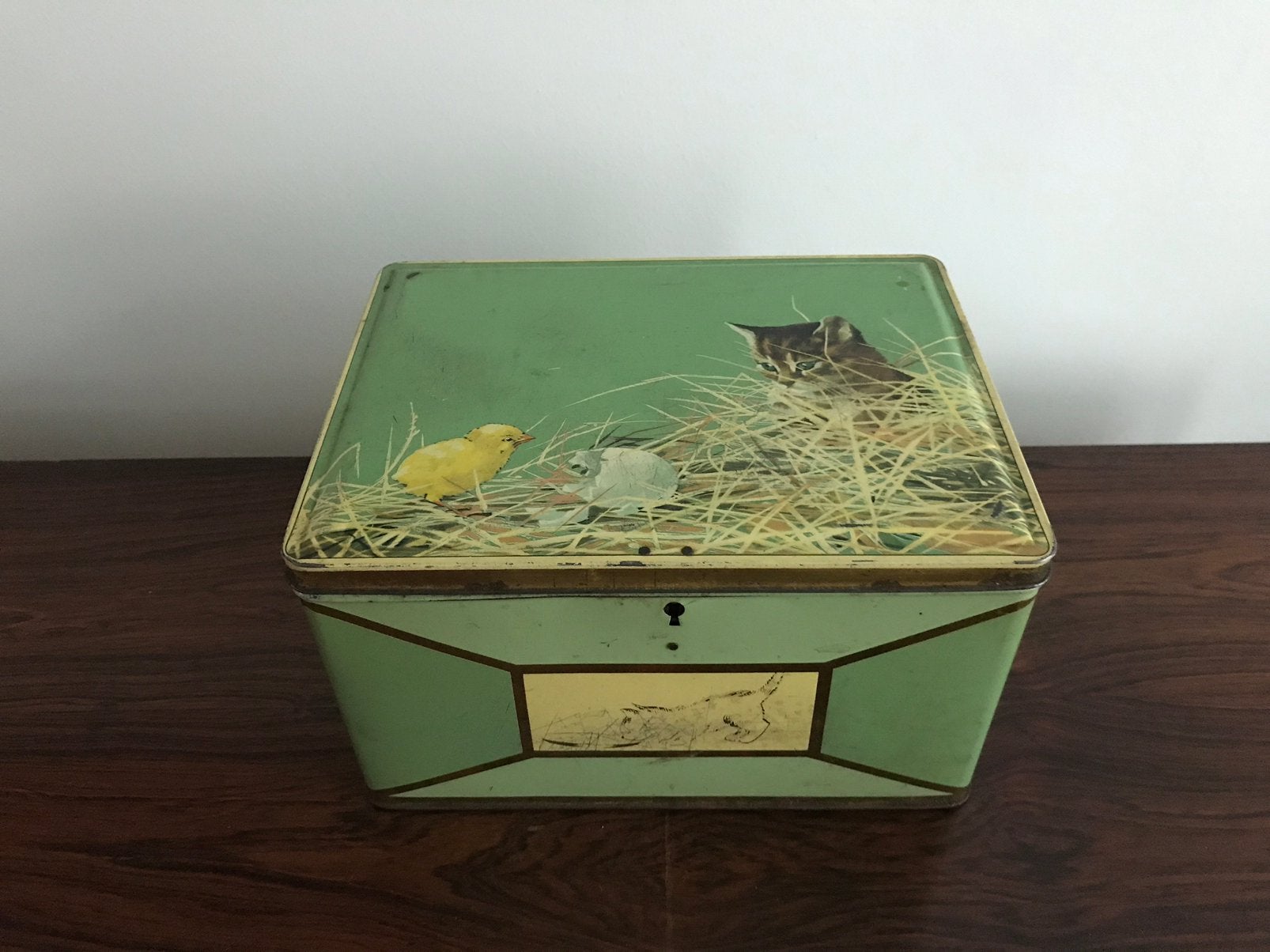 Oud blik blikken doos decor kat poes kitten met kuiken, Ophalen of Verzenden, Gebruikt