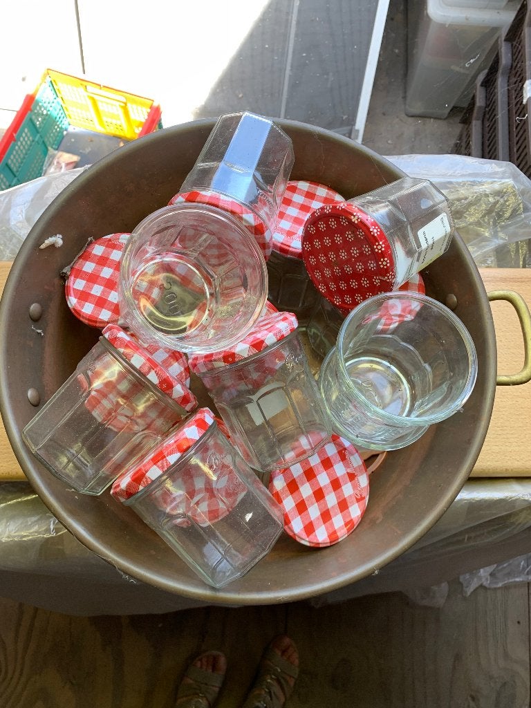 Marmite à confiture avec bocaux en verre, Enlèvement, Utilisé