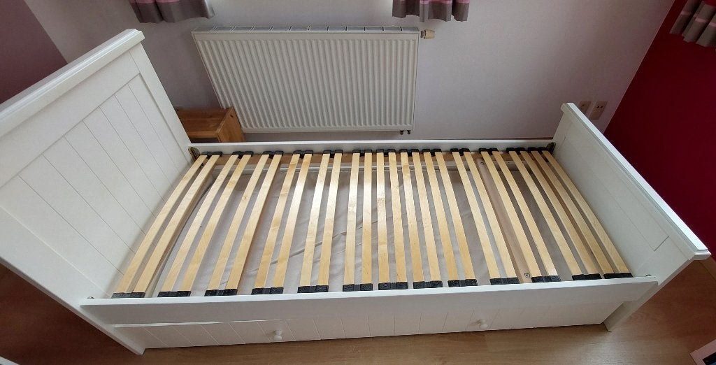Lit 1 personne en bois blanc 90x200 + sommier + grand tiroir, Ophalen, Gebruikt, 90 cm, Eenpersoons
